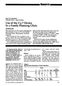 This is a 6 page documents titled: Use of the Cu-7 Device In a Family Planning Clinic. Written by Jean-Guy Bouchard, Rolande Albert, and Irene Cerskus,